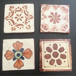Mexican Hand Painted Terra-Cotta Talavera Vintage Tiles Set of 4